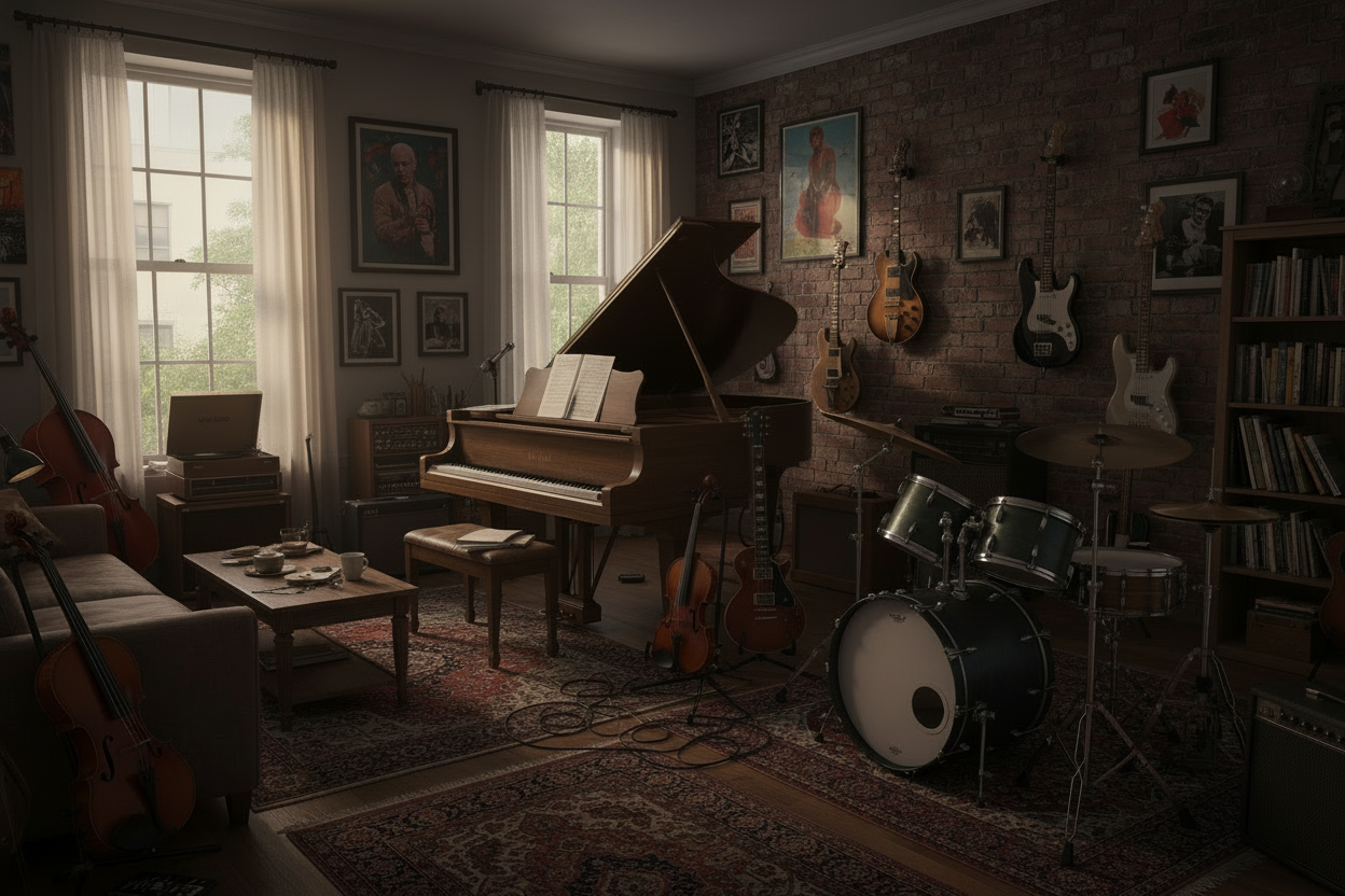 a room with musical instruments