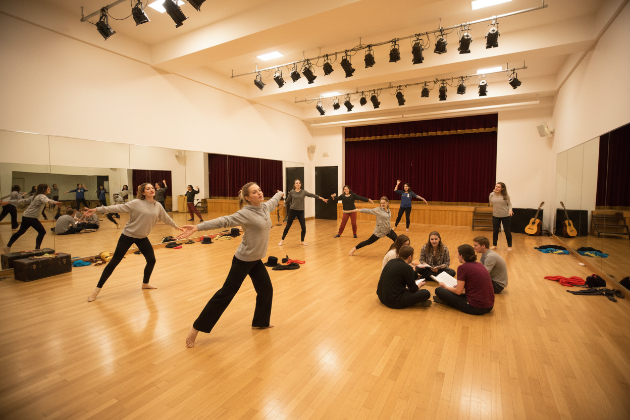 Ensemble of actors training in a rehearsal studio