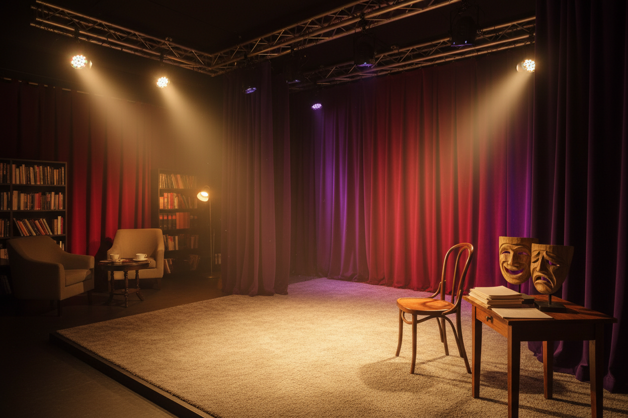 Intimate theatre stage with warm lighting, books, and dramatic atmosphere